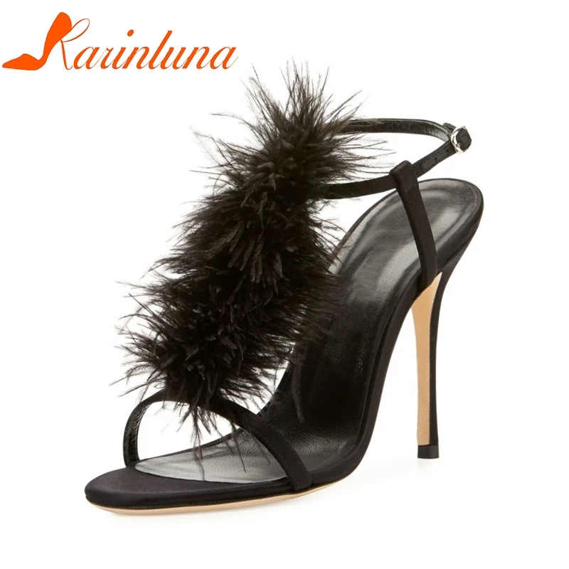 

KARINLUNA 2018 Brand Shoes Women Plus Size 33-43 Summer Woman Shoes Sandal Footwear Thin High Heels Fur Party Sandals