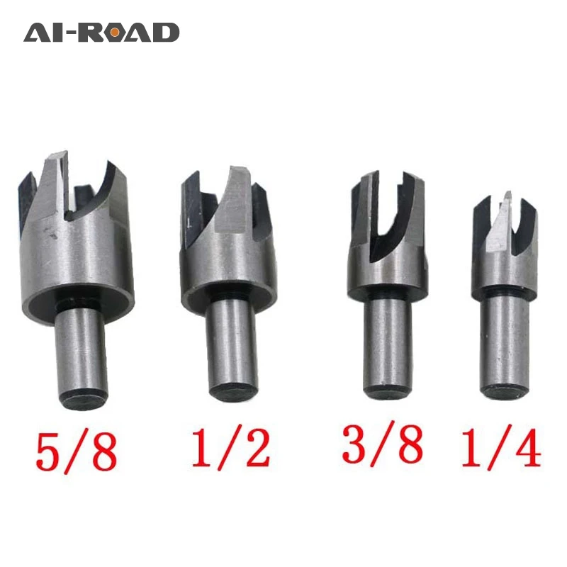 

High Quality 4Pcs Hex Shank Carbon Steel Round Drill Bit Wood Woodworking Plug Cutter Cutting Tool Set 5/8 1/2 3/8 1/4
