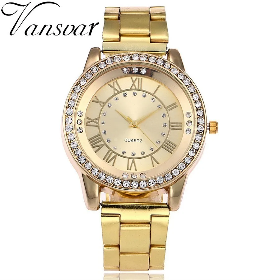 

Vansvar Brand Gold Watch Luxury Women Dress Rhinestone Quartz Watch Casual Women Stainless Steel Wristwatches Female Clock
