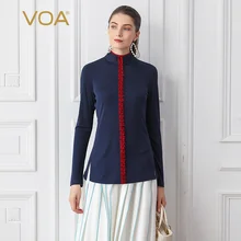 VOA Шелковый трикотажная футболка для женщин тонкий офис дамы топы темно синий пуловер осень с длинным рукавом футболка жемчужные пуговицы базовая одежда B791