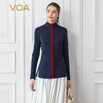 

Voa Silk Knitted Women Slim Office Ladies Tops Navy Blue Fall Long Sleeve Pearl Buttons Basic Clothes B791 t Shirt