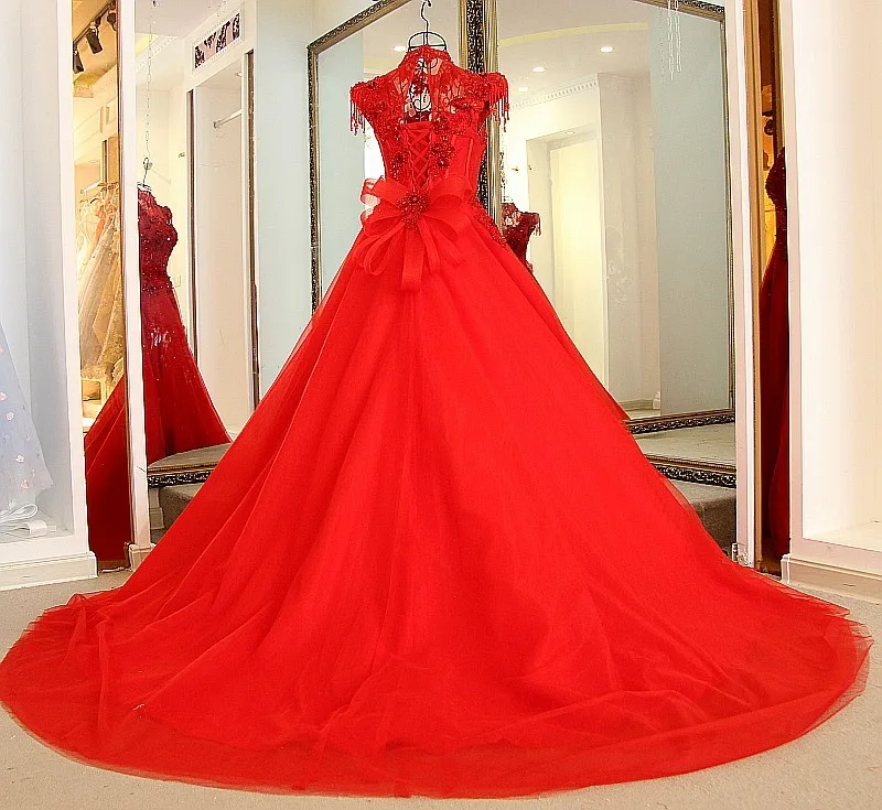 LS87003 Красные платья для вечеринок дизайн кружева назад рукава с капюшоном высокая шея линия вышитый бисером длинное формальное вечернее платье реальная фотография