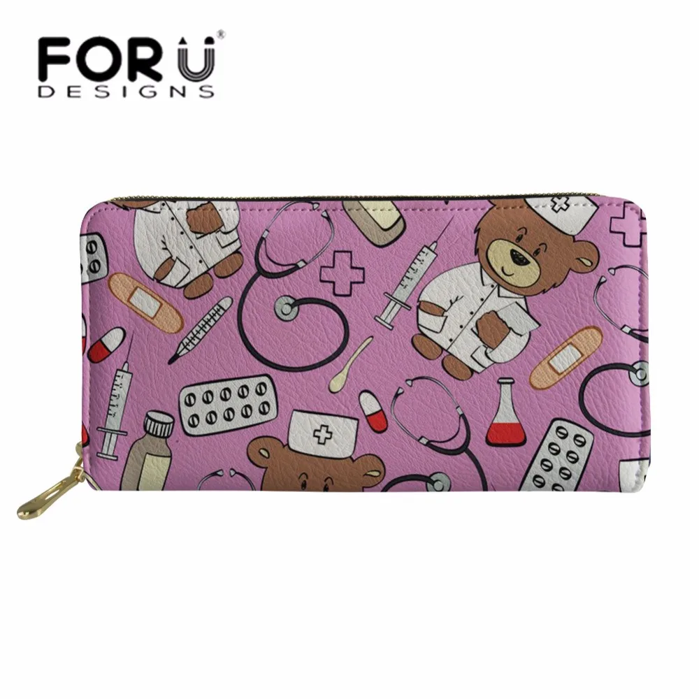 

FORUDESIGNS Cute Cartoon Bear Nurse Printing Women Wallets for Credit Card Ladies Long PU Leather Purse Cluth Money Bag for Girl