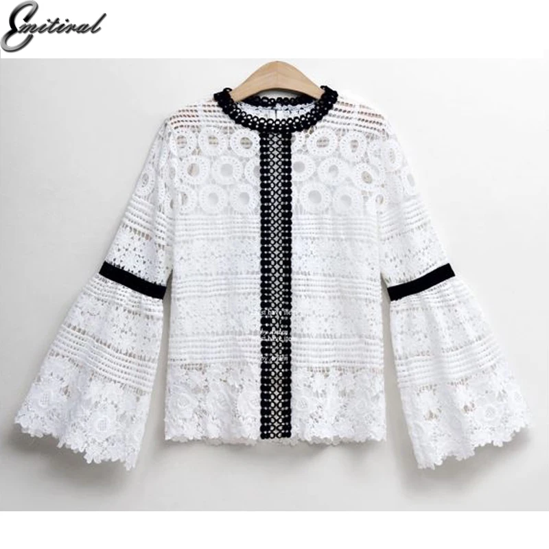 Emitiral 2017 Autumn Women Hollow Out Lace Tops Two Pieces Sexy Crochet Female Blouses Casual Shirts Plus Size 5XL Blusas |