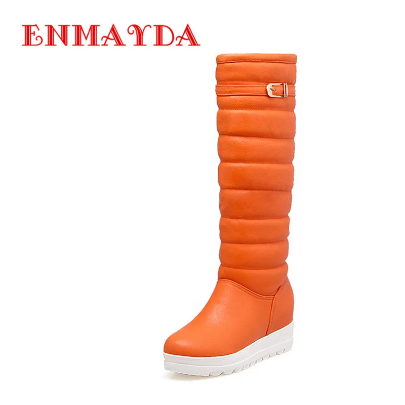 

ENMAYDA Slip-On Shoes Woman Mid-calf Buckle Med Heels Height Increasing Boots Big Size 34-42 Snow Shoes Thick Plush Winter Boot
