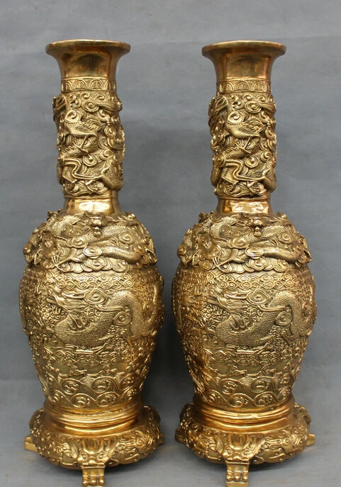 

USPS to USA S1812 21" Chinese Brass Folk Home FengShui Myth Fly Dragon Head Statue Vase Pot Pair B0401