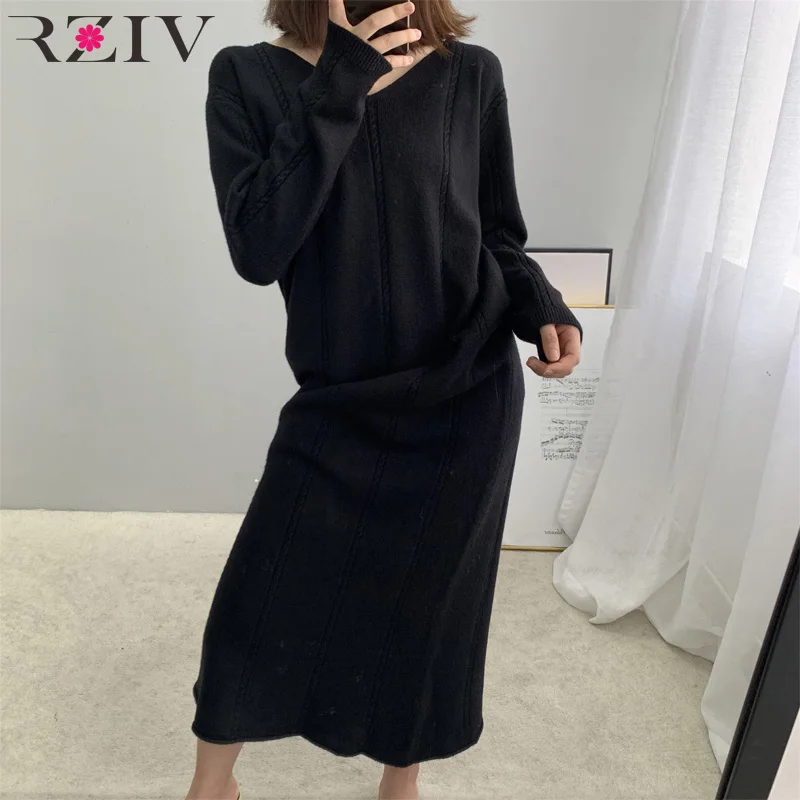 

RZIV Autumn and winter women's dress casual solid color V-neck long-sleeved knit dress Vestidos