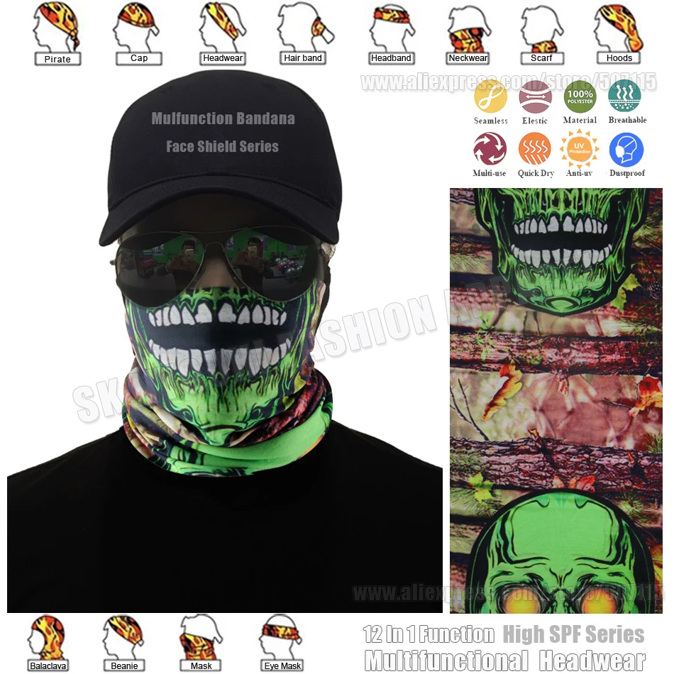 

2017 Fashionable Green Skull Monster Face Shield Multifunctional Headwear Cycling Bandana Seamless Headscarf Tubular Headgear