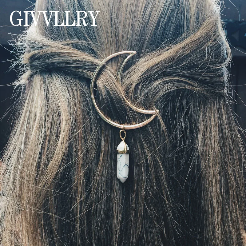 Free Shipping Vintage New Moon Metal Hair Pins Gift Jewelry Elegant Hexagon Prism Stone Charms Clip Accessories for Women | Украшения и