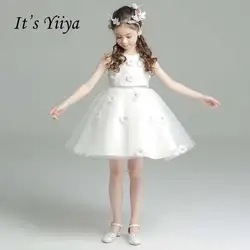 Это yiiya Новый Белый аппликации платье с цветочным узором для девочек нормально для вечерние свадебные девушки платье Шнуровка с бантиком