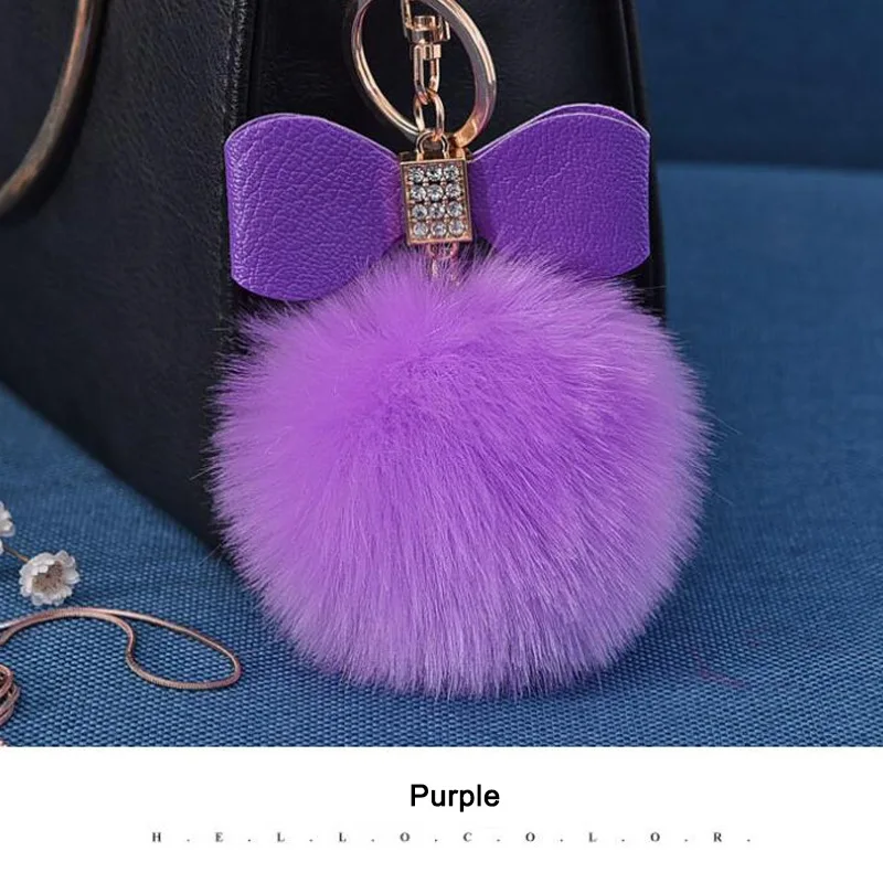 Помпон, женские брелоки, кожаный бант, брелок для ключей со стразами, очаровательный помпон, брелок для ключей, пушистый искусственный мех кролика, брелоки для автомобильных сумок - Цвет: Purple