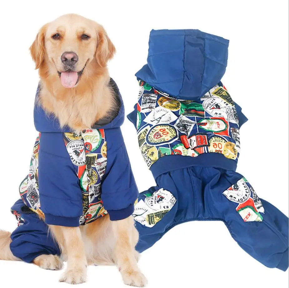 

New Autumn Winter Large Dogs Pet Clothes Warm Cotton Leisure Style Leash Hole Blue Coat Four Legs Large Dog Fashion Prints