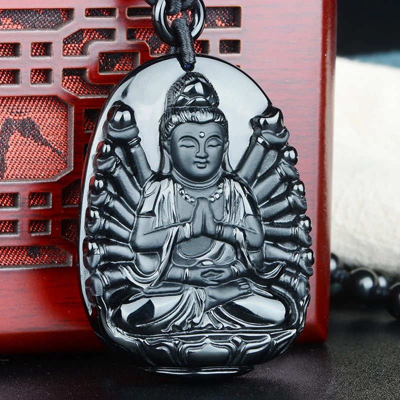 

PUHOLY/ belwide jewelry carved natural Wujin Obsidian Avalokitesvara pendant 2016 male and female models
