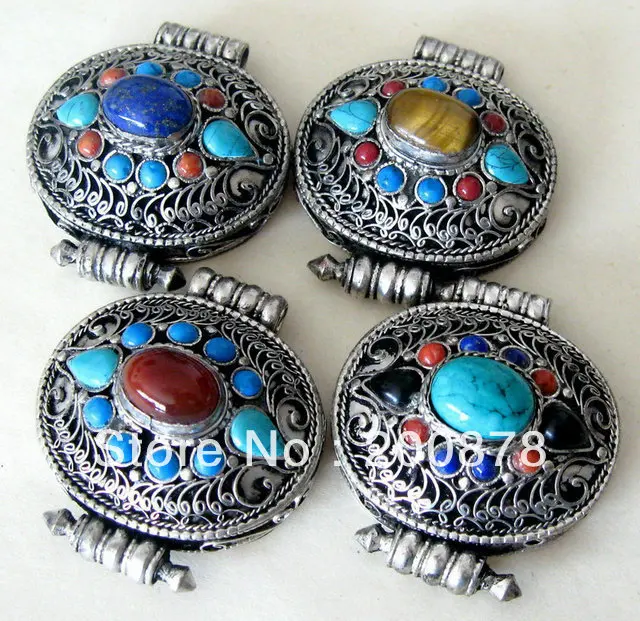 

TGB128 Tibetan silver Antiqued oval Tent prayer box GAU amulets,Nepal vintage flower silk pendant ,50*41mm,Mix order