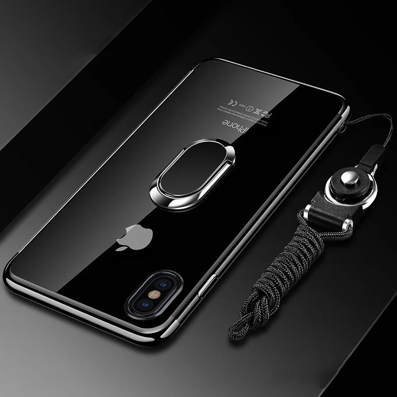 

Luxury Ultrathin Silicone Clear Plating Case For iphone 6 7 8 Plus Xr Xs Max Magnetic Ring Car Holder Case With Strap Shockproof