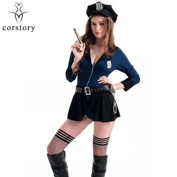 

Blue Long Sleeves Jumpsuit Uniform & Black Short Pants Set Adult Cosplay Police Woman Sexy Costume Carnival Halloween Outfit