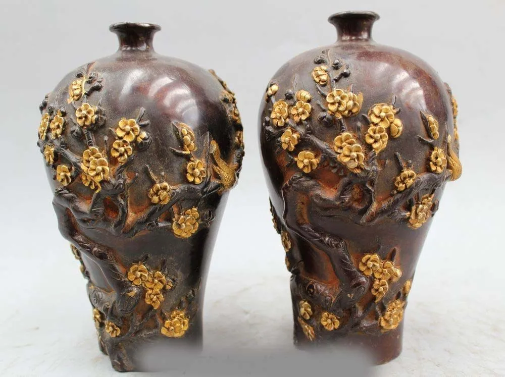 

8" Marked Chinese Dynasty Palace Bronze Gilt plum blossom Bird Flower Bottle Vas