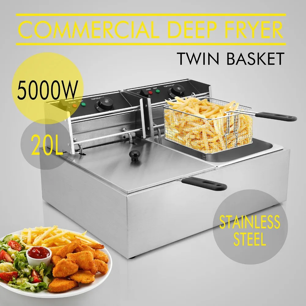 2*10L COMMERCIAL DEEP FRYER 2*2500W Electric Commercial Deep Fryer Twin Basket Steel Benchtop Double Tank Electric Chip 110/240V