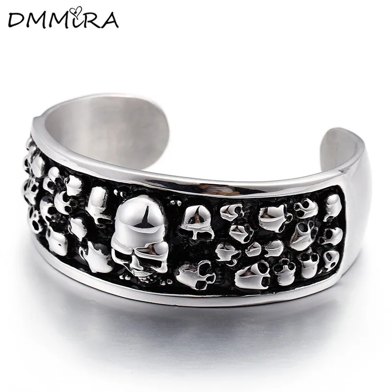 

Fashion Punk Black Silver Skull Bracelet Fashion Titanium Steel Men Retro Black Skull Clasp Open Cuff Bracelets Bangle Jewelry
