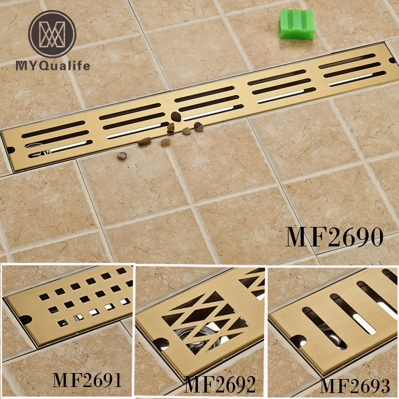 70cm Long Golden Brass Bathroom Shower Drain Floor Strainer Drain Waste