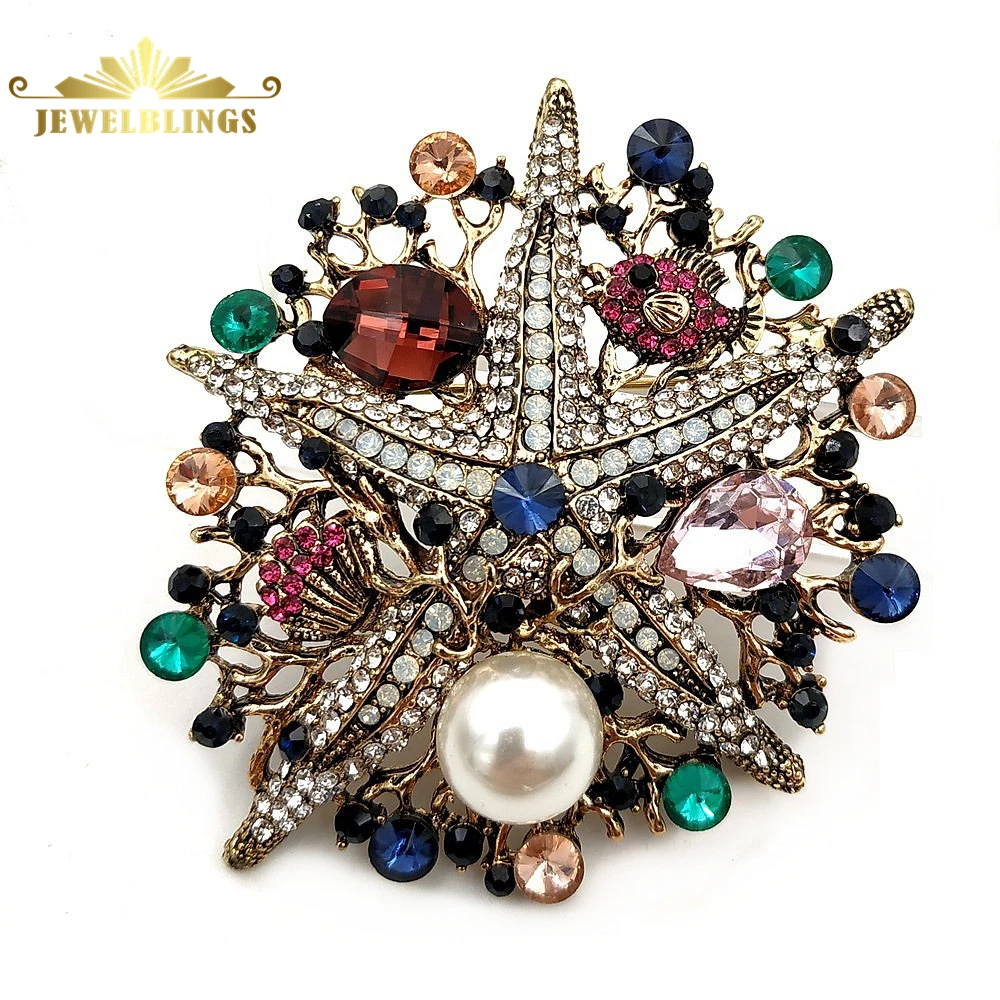 

Nautical Vintage Jewelry Statement Sea Star Brooches Silver Tone Multi Colored Crystal Background Big Seafish Pins Beach Jewelry