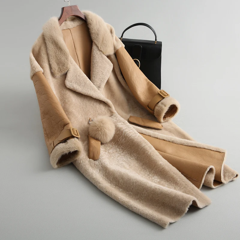 

Leather suede women winter thick warm sheep shearing fur coat natural mink fur collar fashion elegant long design NPI 81018B