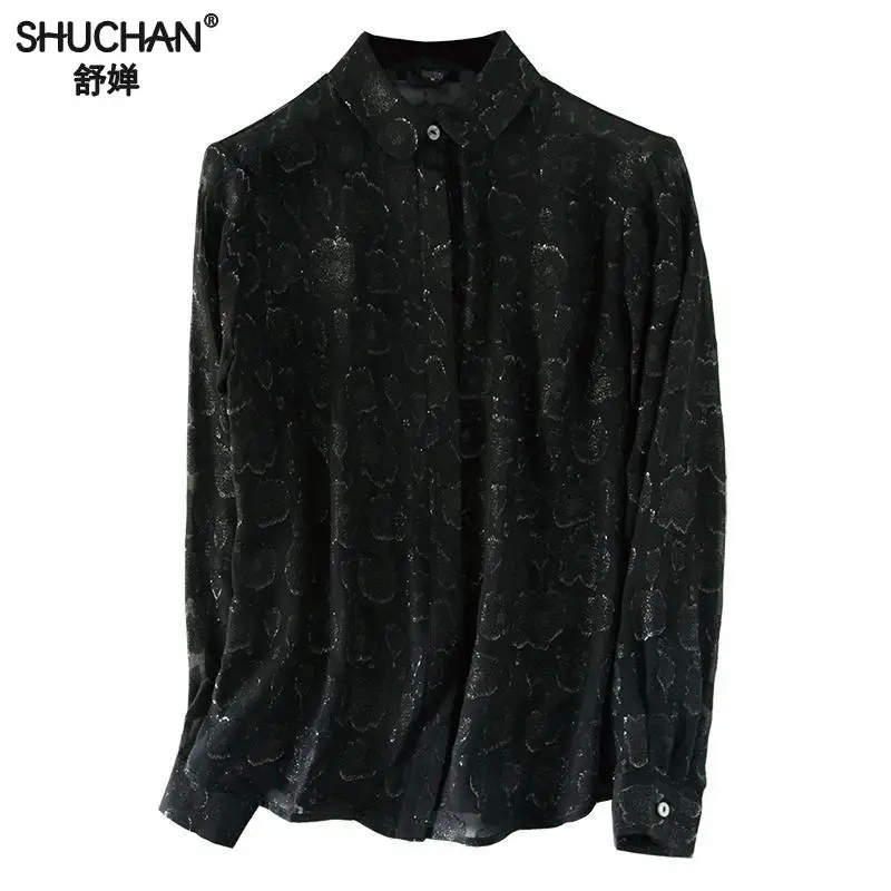 

Shuchan Black Blusas Femininas 2019 Natural Silk Shining Womens Tops And Blouses With Long Sleeve high quality women designer