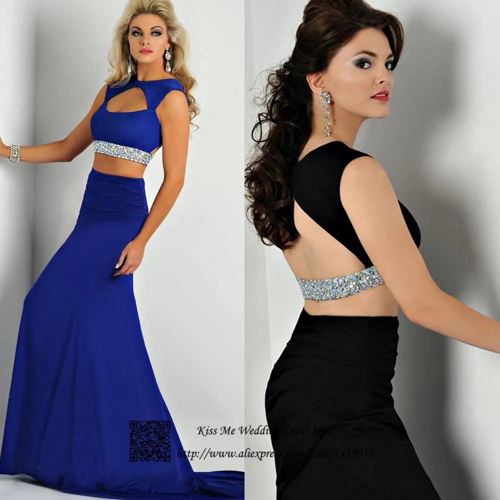 

Sexy Two Piece Black Mermaid Royal Blue Prom Dress Women Formal Dresses Evening Gowns 2015 Backless Vestidos de Fiesta Gala