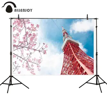 

Allenjoy photography backdrop Spring Tokyo tower sakura sky view backgrounds for photo studio photocall photobooth shoot props