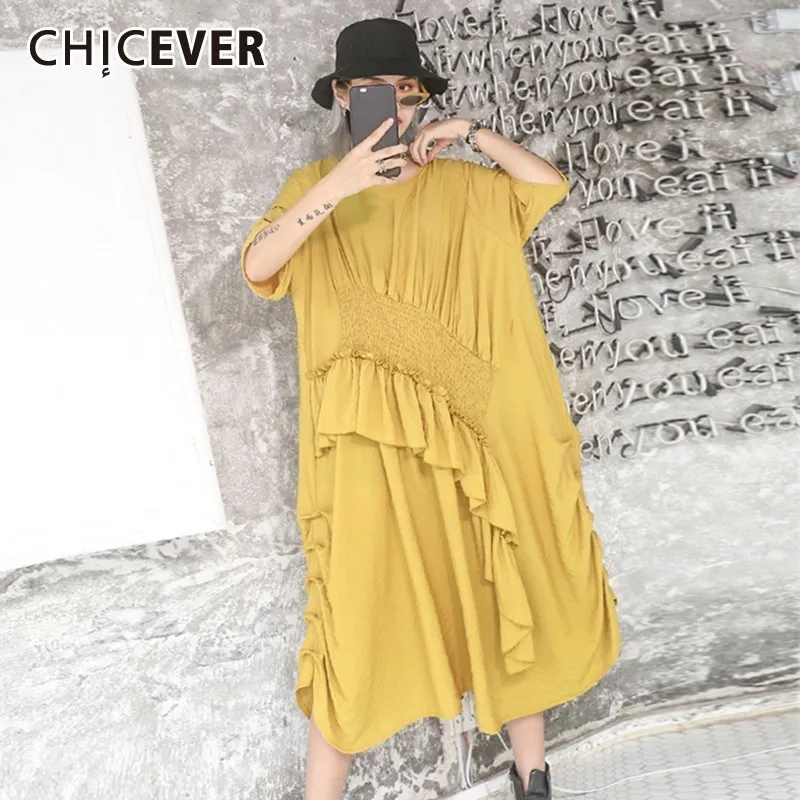CHICEVER летнее винтажное однотонное лоскутное платье с неровными оборками женское