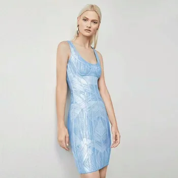 

Fashion New Arrive Light Blue Bandage Dress 2019 Elegant Sexy Backless Sleeveless Hot glue Vestidos Special Occasion Clubwear