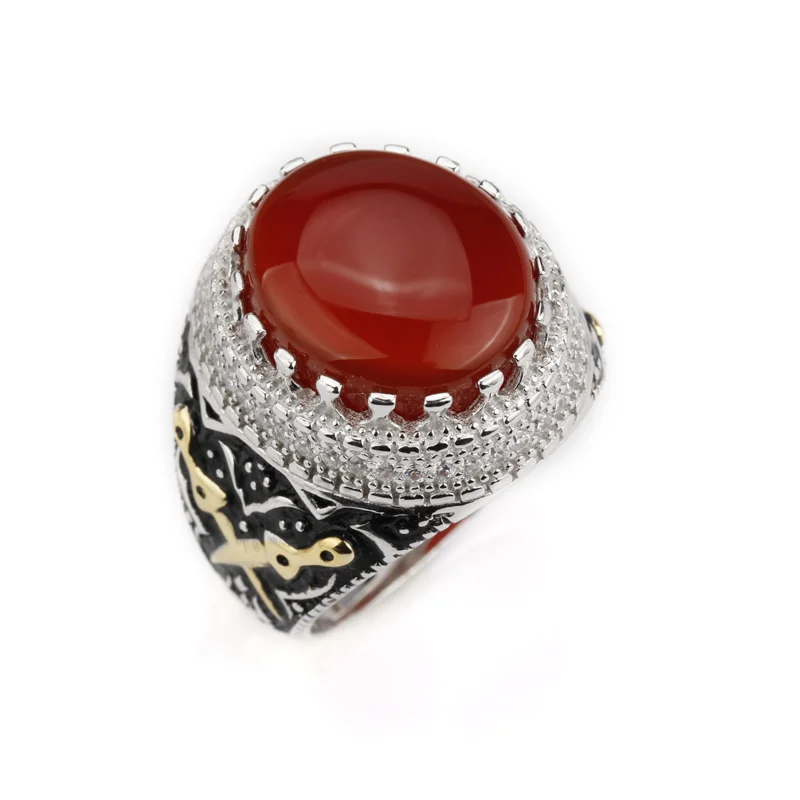 Женское кольцо с крупным красным агатом и двойным мечом|stone silver rings|stone men ringsstone ring |