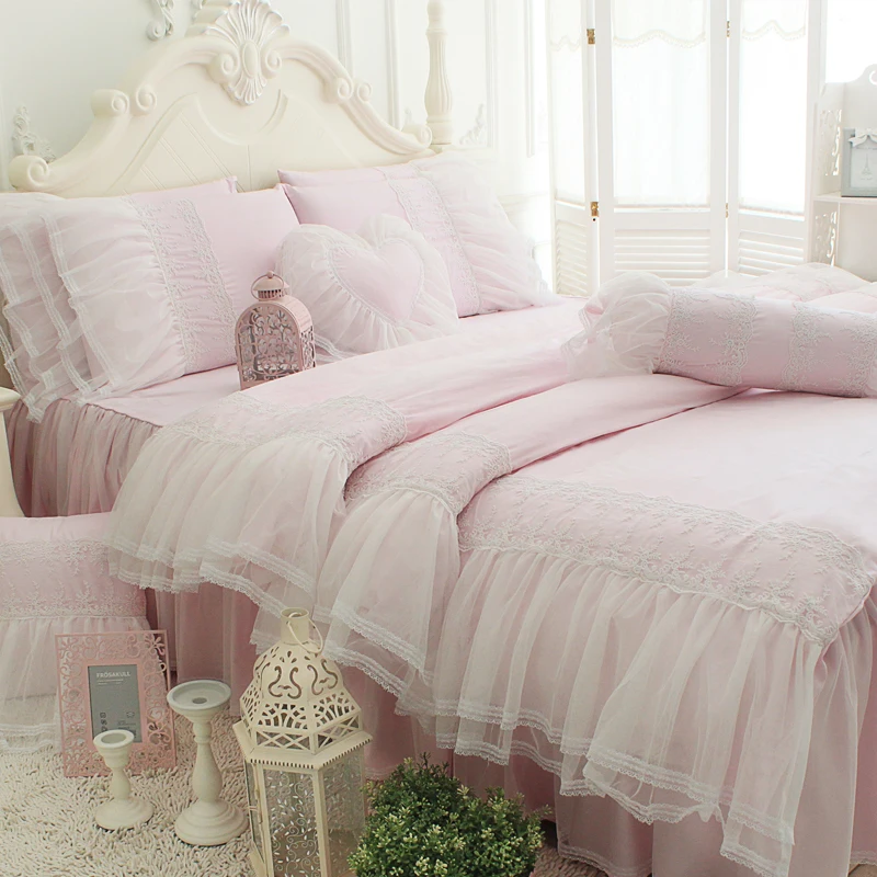 Korean Elegant lace bedding set yarn ruffl duvet cover embroidery