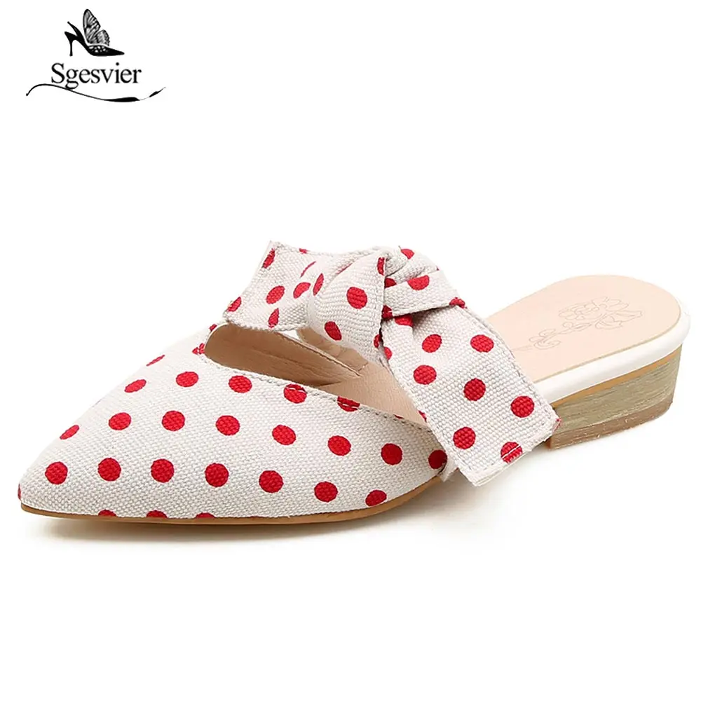

SGESVIER New Summer Women Sandals Pointed Toe Ladies Big Bowtie Thick Heels Slip On Round Dot Sandals Plus Size 32-48 B137