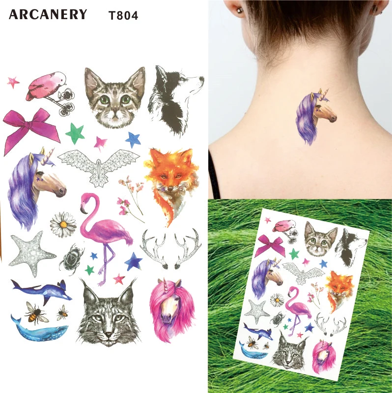 

T804 1 Piece Fashion Animal Waterproof Temporary Tattoo with Unicorn, Cat, Fox, Flamingo, Eagle Tattoos Pattern Body Art