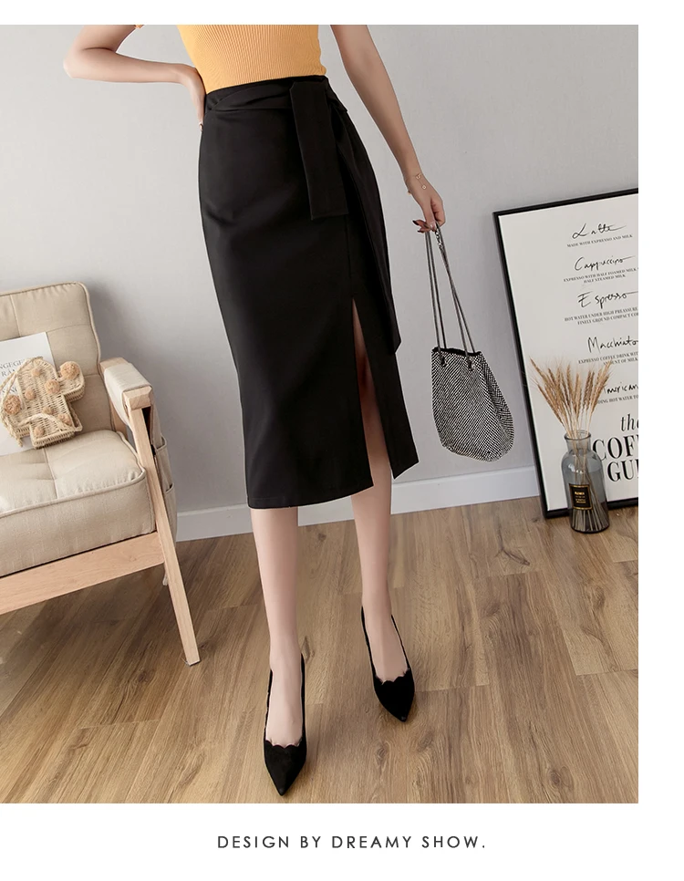 Женские юбки-карандаш с открытым разрезом сбоку, сексуальная юбка со шнуровкой спереди, Офисная Женская одежда для работы, летняя однотонная короткая юбка