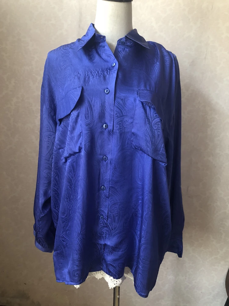 Натуральный шелк блузки OL синий зеленый длинный рукав натуральный шелк Элегантная блузка топы размера плюс свободная офисная одежда рубашки рабочие блузки