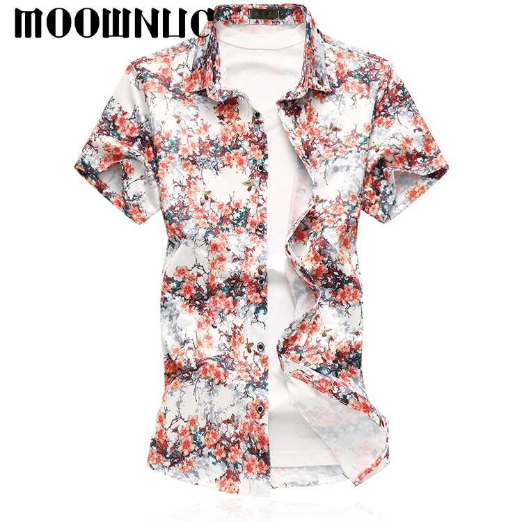 

7XL 6XL Elastic Shirts Men Flowers Fashion Thin Short Sleeve New Business Casual Red Blue MOOWNUC Men MWC Summer Large Size