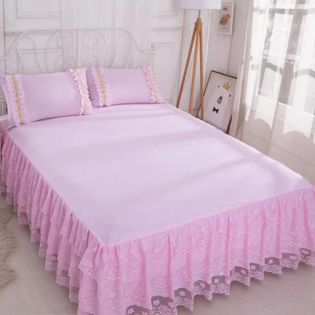 Pink Bed Skirt Set Bedspread with Pillowcases Lace Bed Skirt with