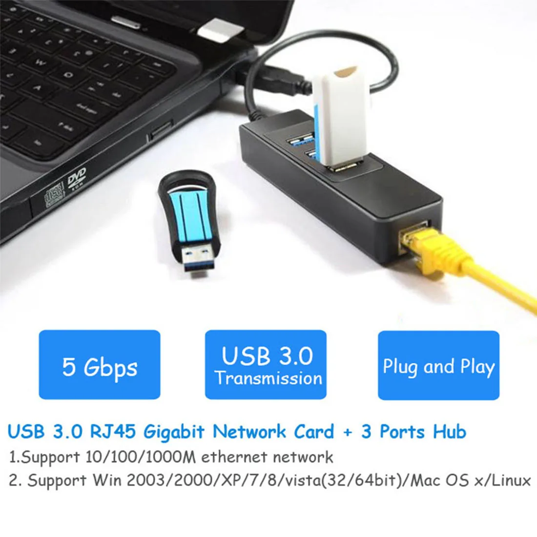 NOYOKERE 1000 Мбит/с Gigabit Ethernet адаптер USB к RJ45 Соединительная плата локальной компьютерной сети 3 Порты и разъёмы USB3.0 концентратор для Windows