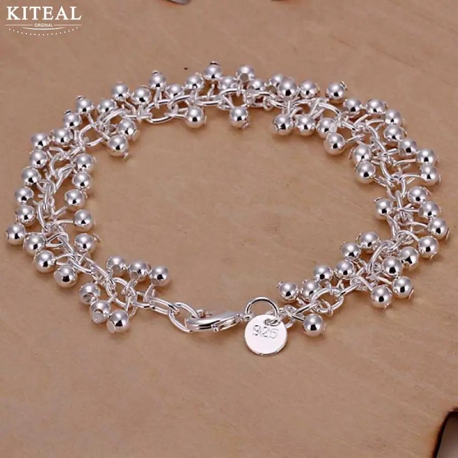 

Hot sale Silver plated Bracelet 19cm smooth grape beads Chain Charm ball Bracelet for women men Jewelry H017 925