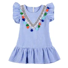Модное платье для маленьких девочек Милая одежда платье с бахромой для девочек полосатый халат с оборками Детские хлопковые красивые синие платья
