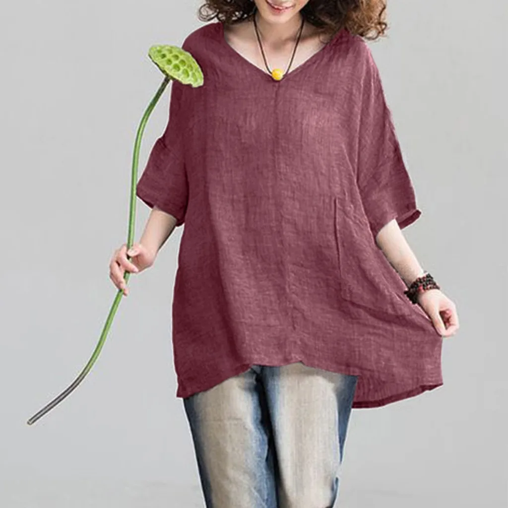 Women Shirts Casual Blouse V Neck Linen Solid Shirt