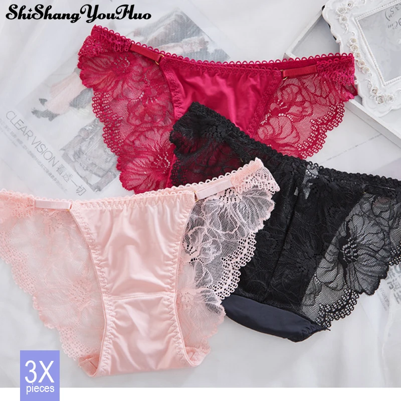 

3pcs/lot Ladies Sexy Satin Briefs Fashion Ice Silk Panties Seamless Underwear Women Low Waist Lace Breathable Lady Briefs Linger