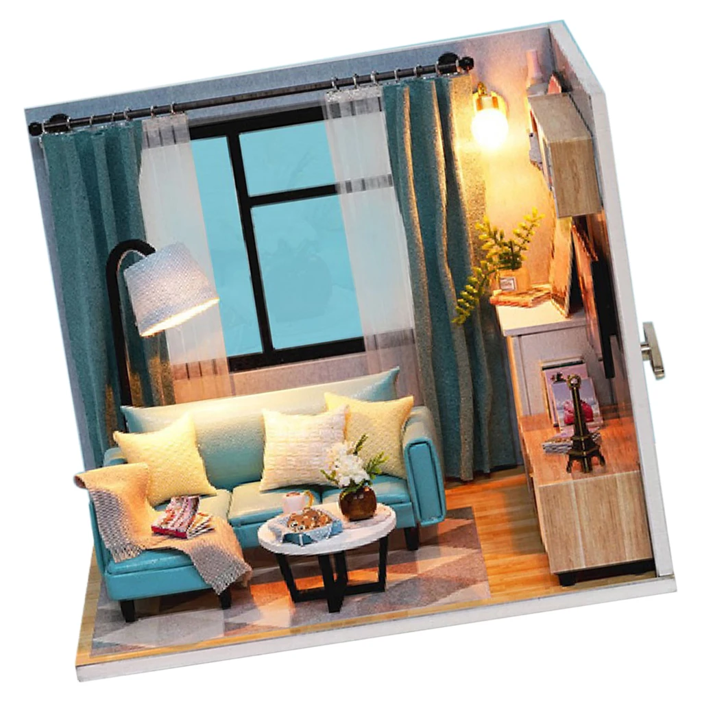 DIY Wooden Dollhouse Miniature Kit Furniture LED Light Corner of Living Room
