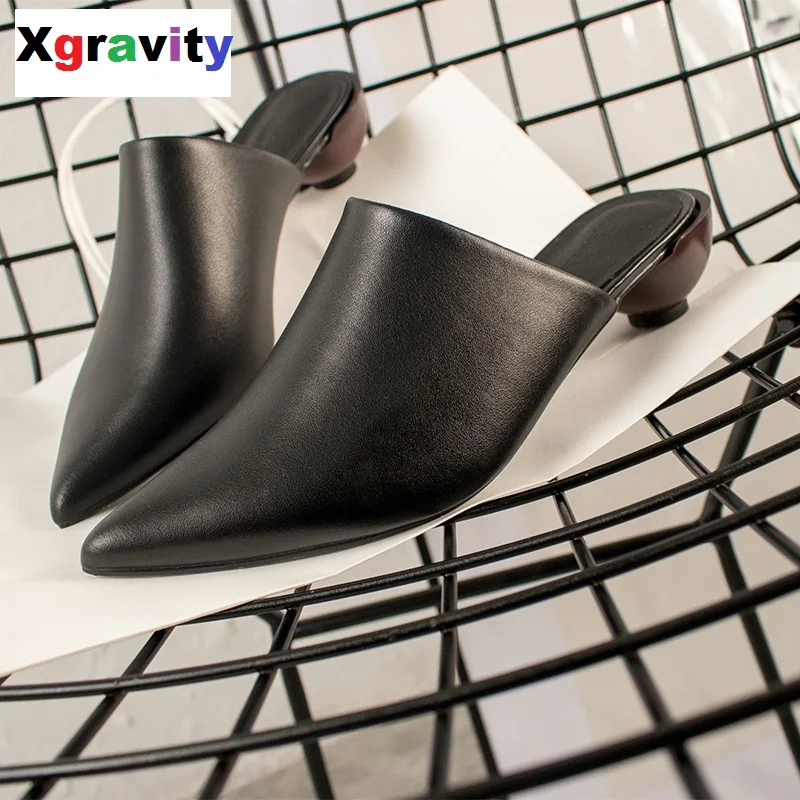 

Xgravity Spring Summer Genuine Leather Round Cup Mid Heel Point Toe Shoes Elegant Comfortable Ladies Slippers Female Shoes B031