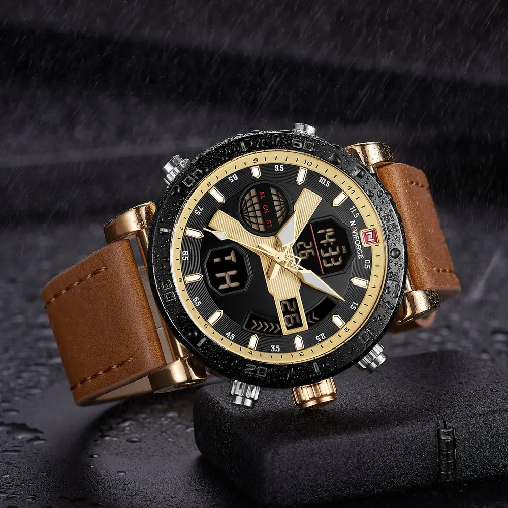 

NAVIFORCE New Luxury Brand LED Analog Digital Watch 2019 Quartz Sport Watches for Men Leather Strap Waterproof Dual Time Clock