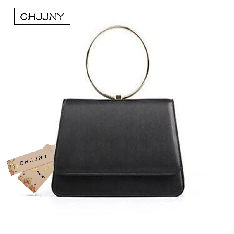 

CHJJNY 2017 Korean newest simple style genuine leather customized vintage women metal ring hand bags