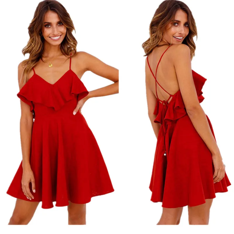 

Oufisun Summer Sexy Dress Women's Backless Cross Drwstring Ruffles Bundle Waist V-neck Strapless Mini Dresses Summer Vintage