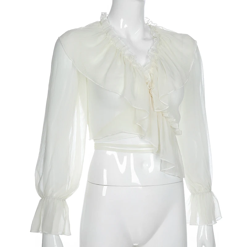 Rapwriter сексуальная прозрачная шифоновая блузка с оборками с v-образным вырезом и асимметричным подолом элегантная прозрачная рубашка с длинными расклешенными рукавами